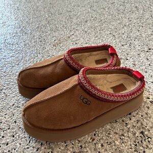 UGG Kids Tan Slippers with Red Trim